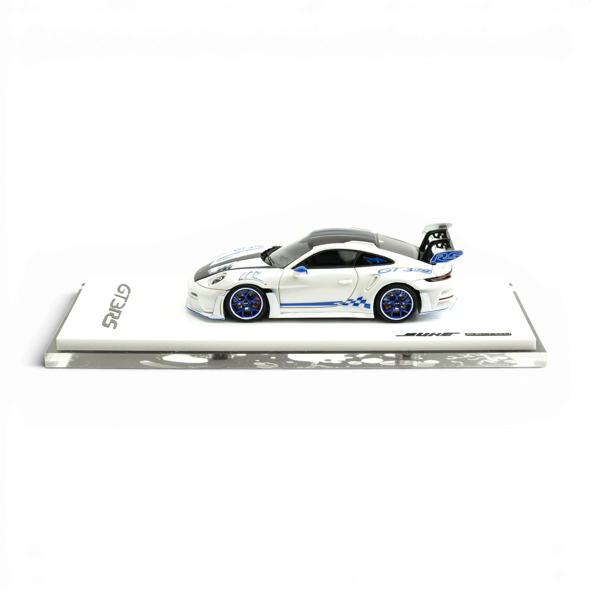 Lot57Supplies Diecast Shop SUHE 1:64 scale metallic white Porsche 911 GT3 RS resin model car with blue accents.