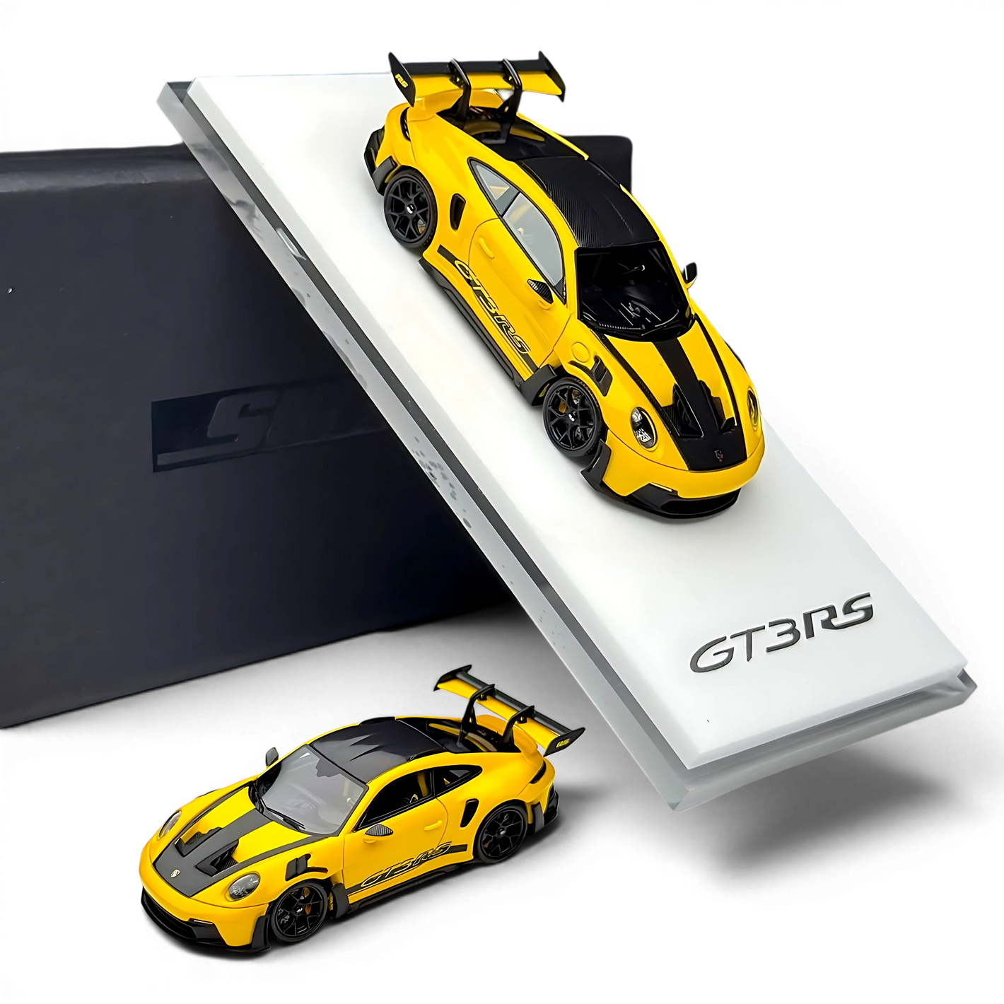 Lot57Supplies Diecast Shop SUHE Porsche 992 GT3 RS diecast model in yellow with black racing stripes and rear wing.