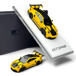 Lot57Supplies Diecast Shop SUHE Porsche 992 GT3 RS diecast model in yellow with black racing stripes and rear wing.