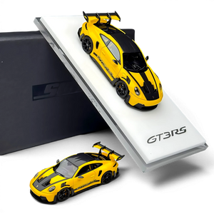 Lot57Supplies Diecast Shop SUHE Porsche 992 GT3 RS diecast model in yellow with black racing stripes and rear wing.