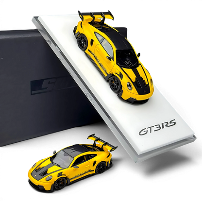 Lot57Supplies Diecast Shop SUHE Porsche 992 GT3 RS diecast model in yellow with black racing stripes and rear wing.
