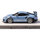 Lot57Supplies Diecast Shop SUHE Porsche GT2 RS 1:64 scale model in macaron blue resin with white racing stripes and white wheels.