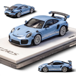 Lot57Supplies Diecast Shop SUHE Porsche GT2 RS 1:64 scale model in macaron blue resin with white racing stripes and large rear spoiler.