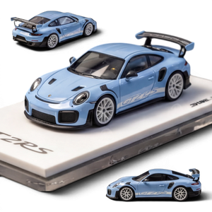 Lot57Supplies Diecast Shop SUHE Porsche GT2 RS 1:64 scale model in macaron blue resin with white racing stripes and large rear spoiler.