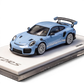 Lot57Supplies Diecast Shop SUHE Porsche GT2 RS 1:64 scale resin model in macaron blue with white wheels and GT2 RS graphics.