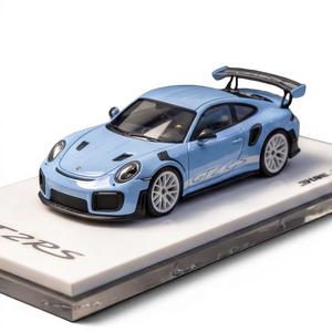 Lot57Supplies Diecast Shop SUHE Porsche GT2 RS 1:64 scale resin model in macaron blue with white wheels and GT2 RS graphics.
