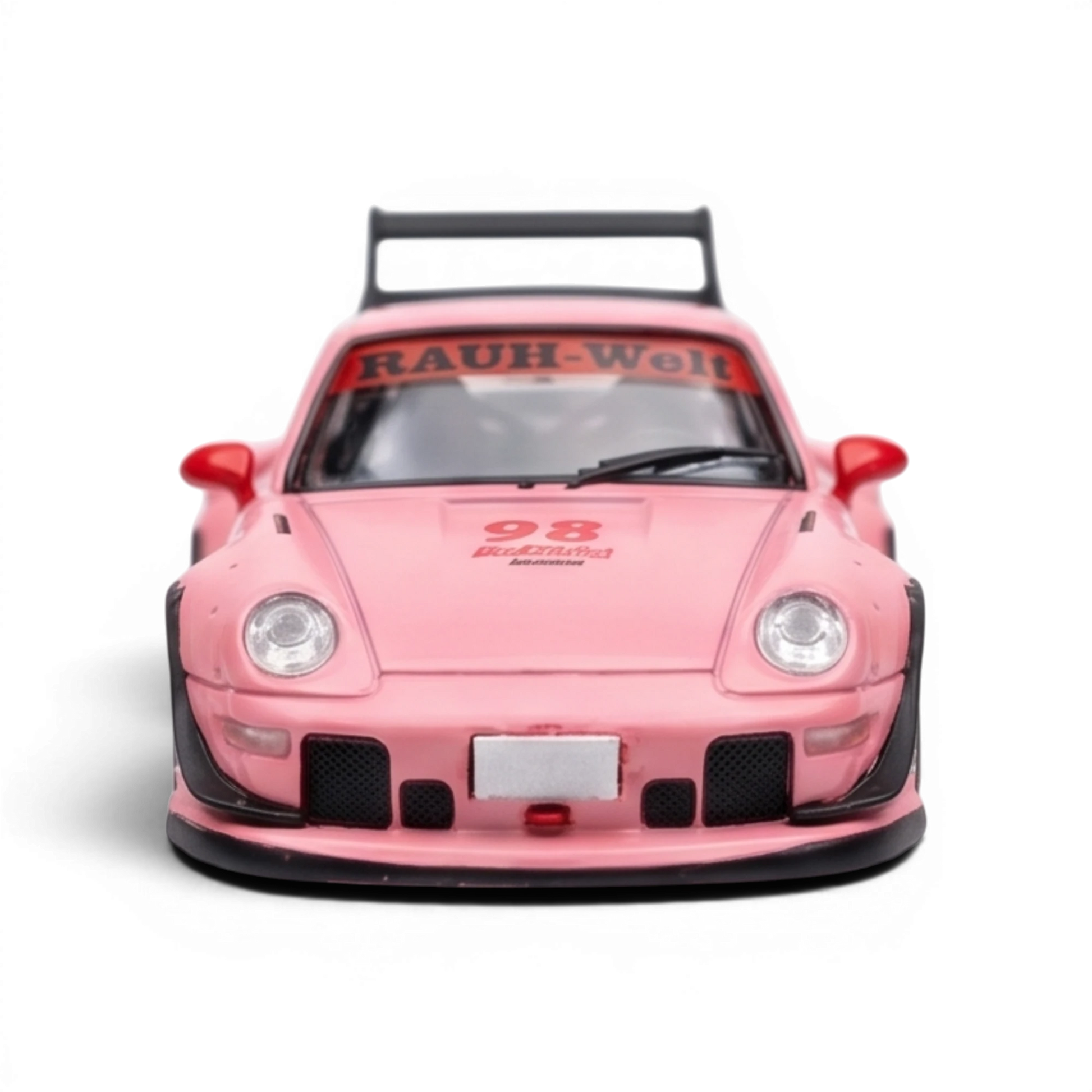 Lot57Supplies Diecast Shop SW RWB 993 pink 1:64 scale diecast model car with a high tail spoiler and RAUH-Welt banner.