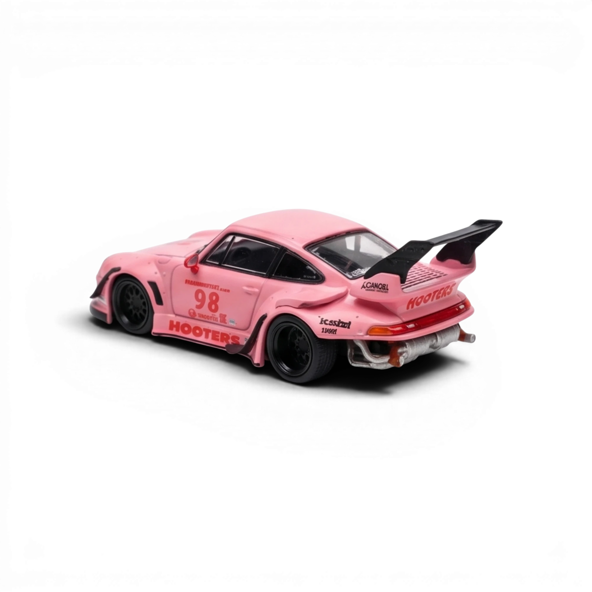 Lot57Supplies Diecast Shop SW RWB 993 pink 1:64 scale diecast model car with large rear wing and "HOOTERS" decals.