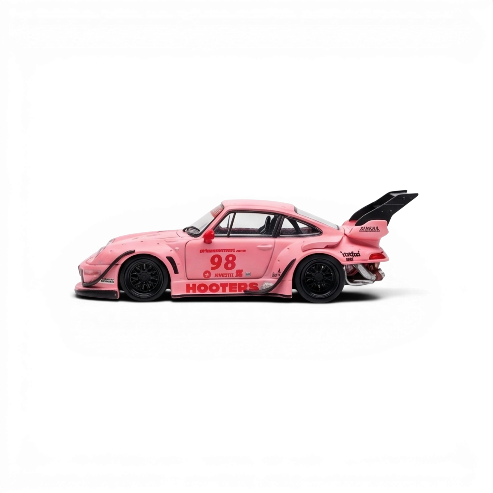Lot57Supplies Diecast Shop SW RWB 993 pink 1:64 scale diecast model car with large rear wing and racing decals.