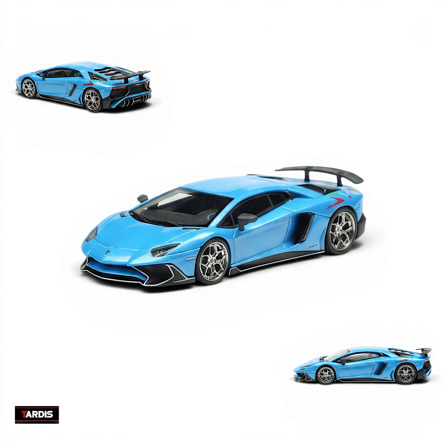 Lot57Supplies Diecast Shop TARDIS 1:64 scale resin Lamborghini LP750-4SV model car in Azzurro Pearl blue finish.