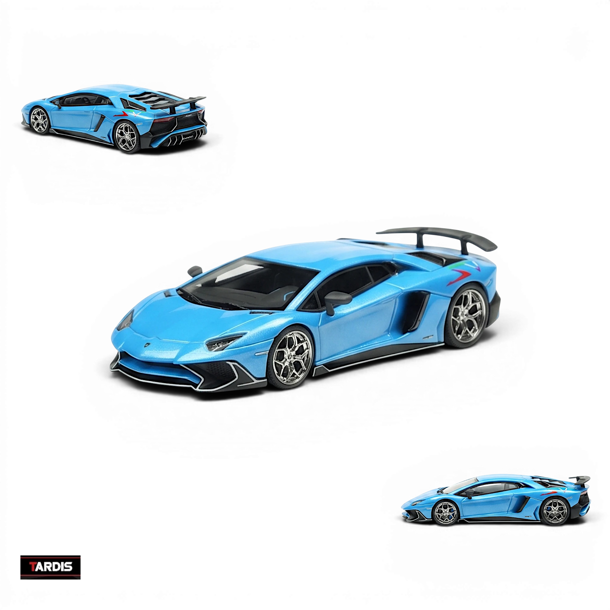 Lot57Supplies Diecast Shop TARDIS 1:64 scale resin Lamborghini LP750-4SV model car in Azzurro Pearl blue finish.