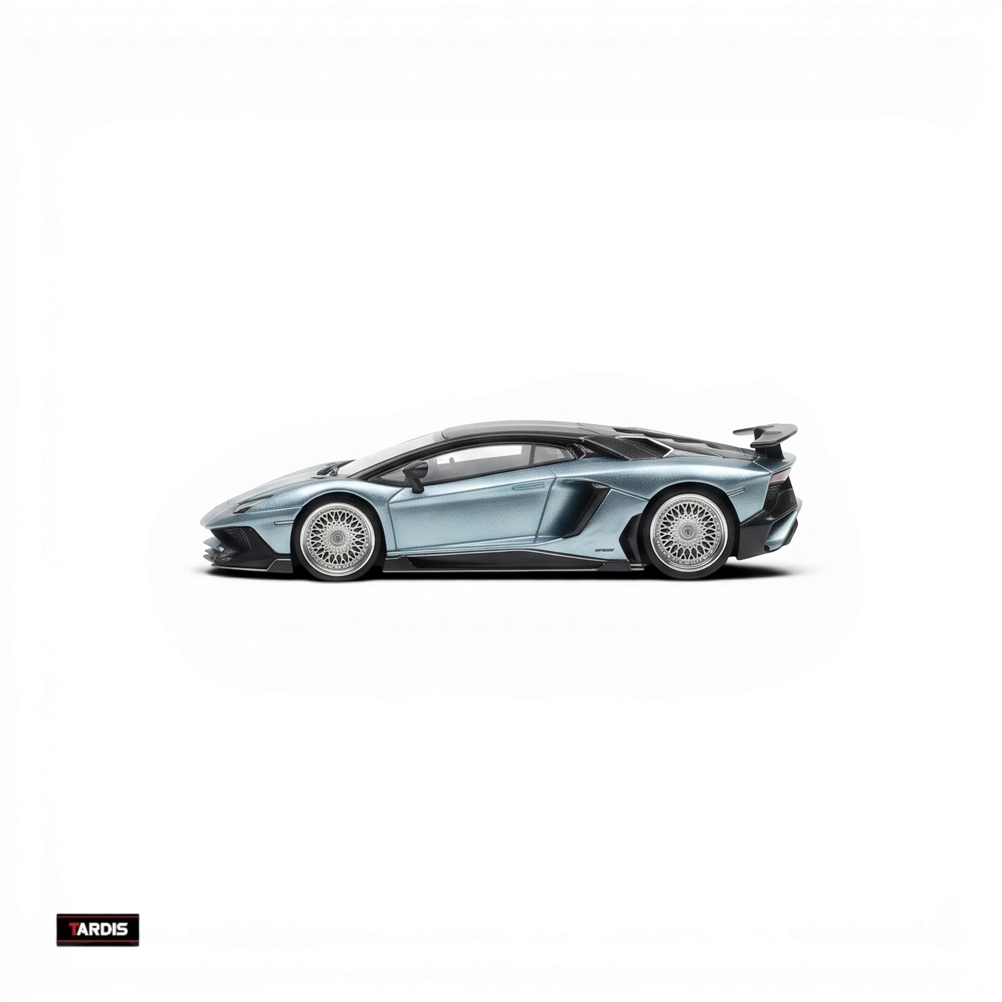 Lot57Supplies Diecast Shop TARDIS 1:64 scale resin Lamborghini LP750-4SV model car in metallic ice blue side view