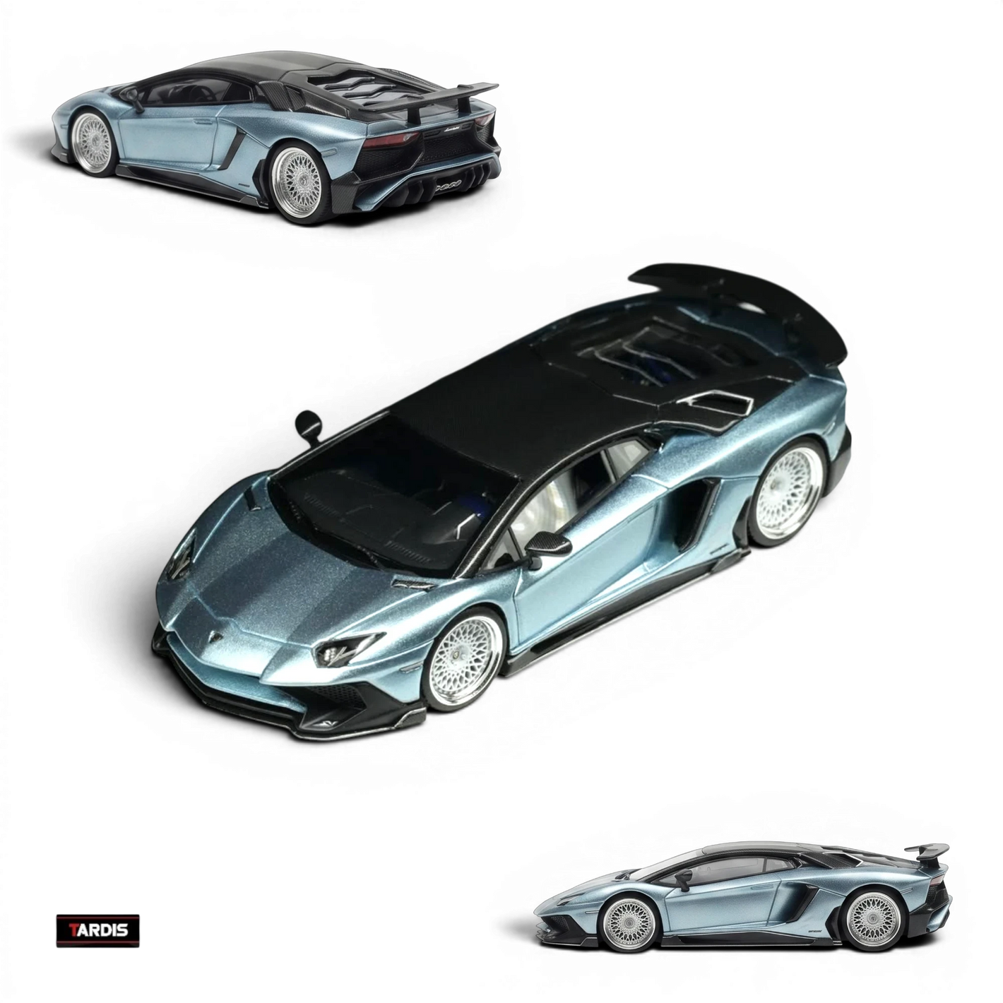 Lot57Supplies Diecast Shop TARDIS Lamborghini LP750-4SV 1:64 scale resin model car in metallic ice blue with black roof.
