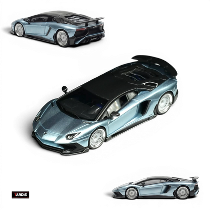 Lot57Supplies Diecast Shop TARDIS Lamborghini LP750-4SV 1:64 scale resin model car in metallic ice blue with black roof.