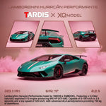 Lot57Supplies Diecast Shop: TARDIS x XQ Lamborghini Huracan Performante, 1:64 scale, Italian Stripe Metallic Green resin model car with red brake calipers.