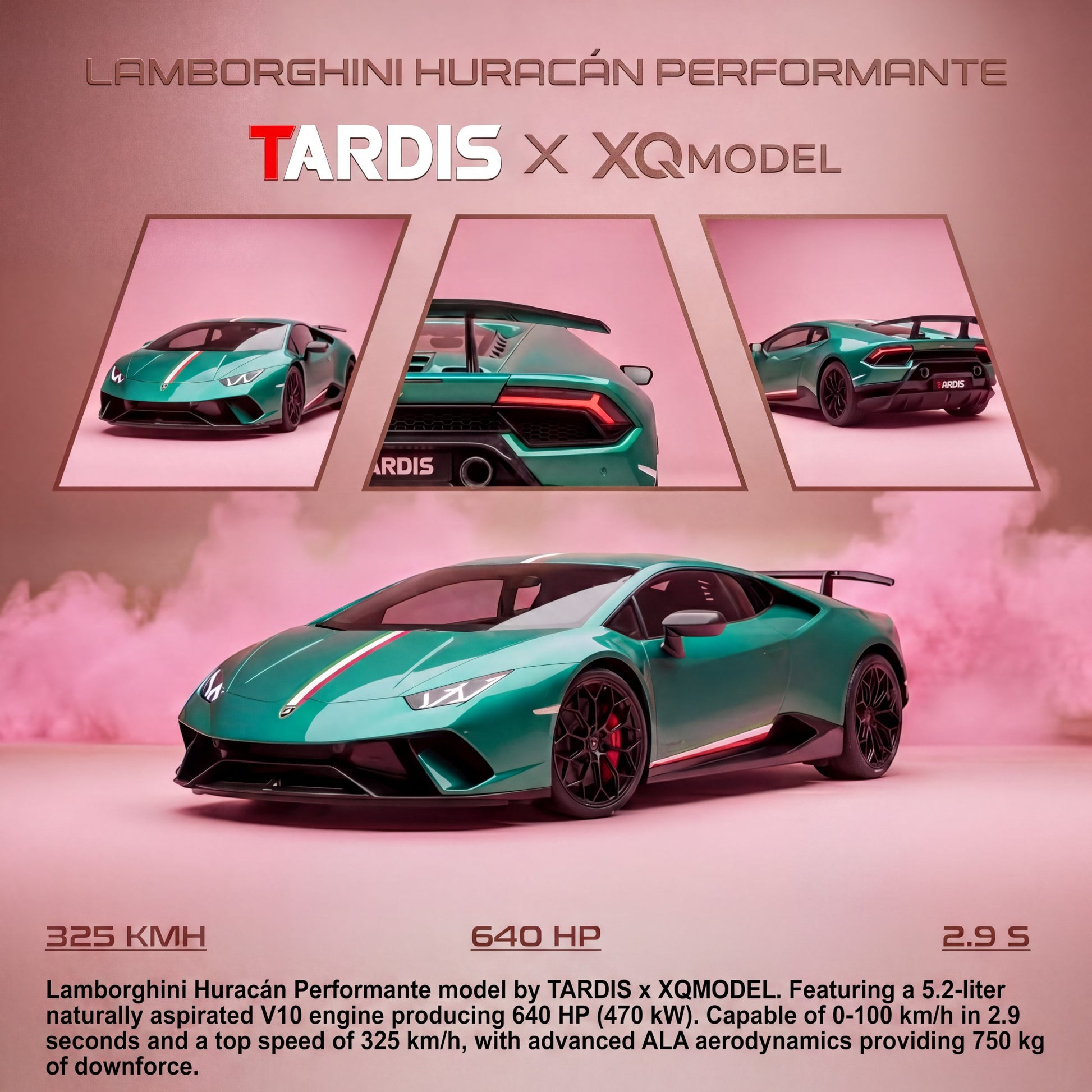 Lot57Supplies Diecast Shop: TARDIS x XQ Lamborghini Huracan Performante, 1:64 scale, Italian Stripe Metallic Green resin model car with red brake calipers.