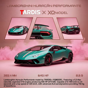 Lot57Supplies Diecast Shop: TARDIS x XQ Lamborghini Huracan Performante, 1:64 scale, Italian Stripe Metallic Green resin model car with red brake calipers.