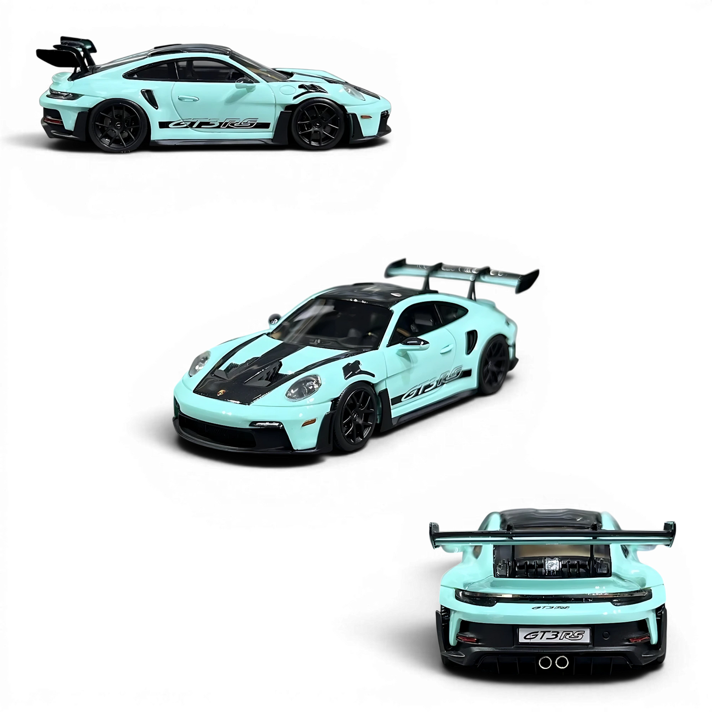 Lot57Supplies Diecast Shop HH Model 1:64 scale resin Porsche 992.1 GT3 RS in Tiff Blue with black racing stripes