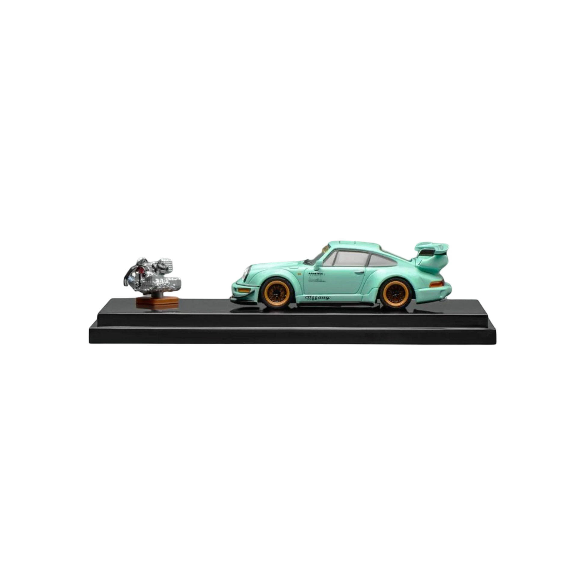 Lot57Supplies Diecast Shop Tiffany blue 1:64 scale MotorHelix RWB 964 model car with gold wheels and engine replica.