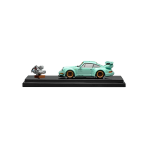 Lot57Supplies Diecast Shop Tiffany blue 1:64 scale MotorHelix RWB 964 model car with gold wheels and engine replica.