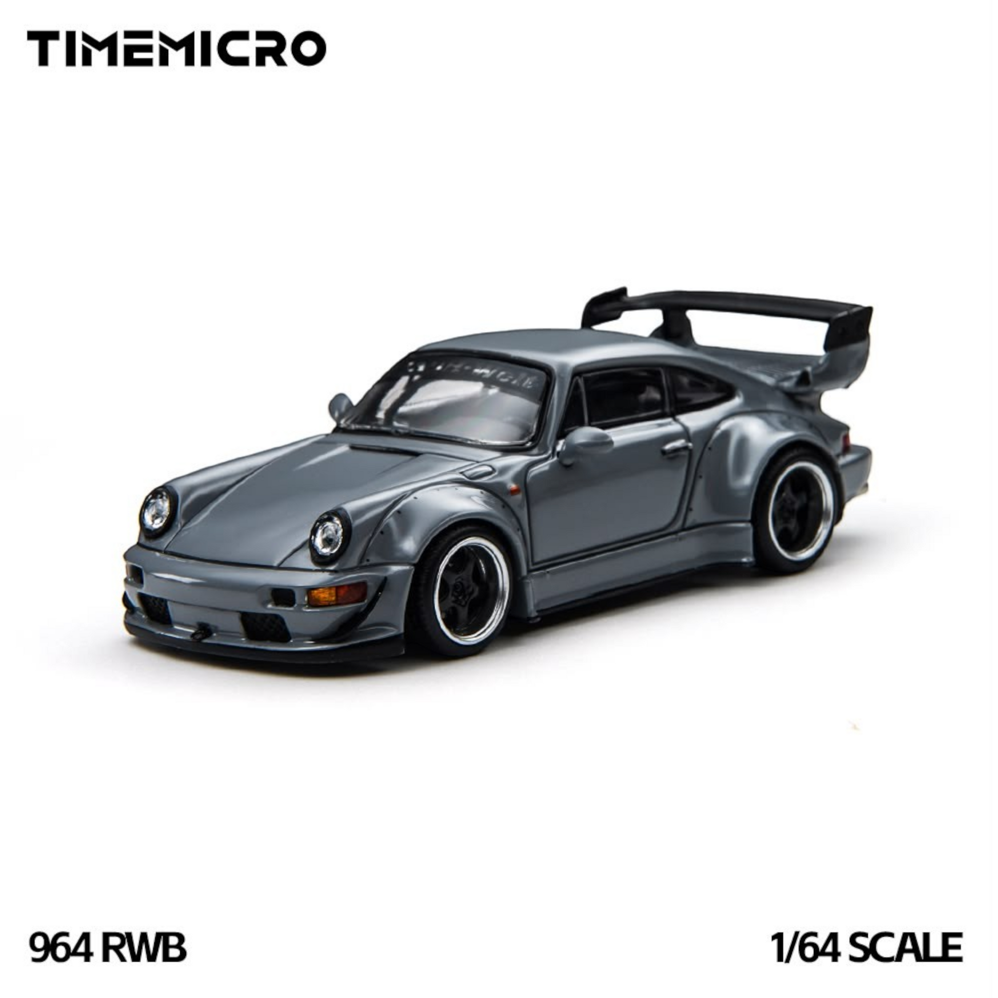 Lot57Supplies Diecast Shop TimeMicro 964 RWB diecast model car in grey with widebody kit and black rear wing