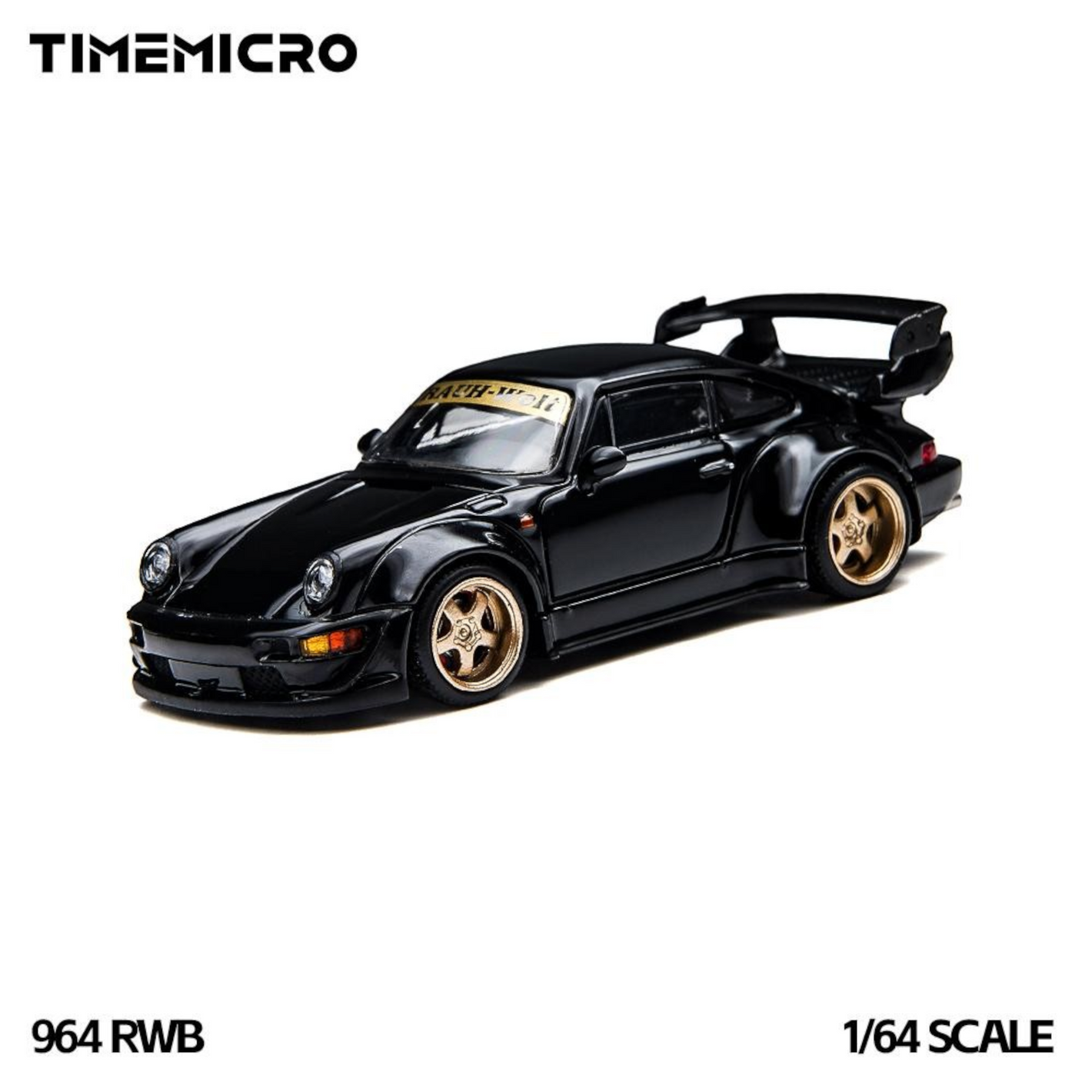 Lot57Supplies Diecast Shop TimeMicro 964 RWB diecast model car in black with gold wheels and rear spoiler