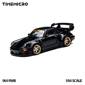 Lot57Supplies Diecast Shop TimeMicro 964 RWB diecast model car in black with gold wheels and rear spoiler