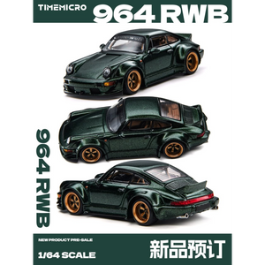 Lot57Supplies Diecast Shop TimeMicro 964 RWB diecast model car in metallic green with gold wheels, 1:64 scale