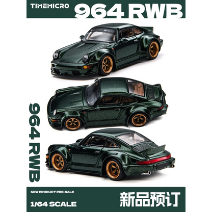 Lot57Supplies Diecast Shop TimeMicro 964 RWB diecast model car in metallic green with gold wheels, 1:64 scale