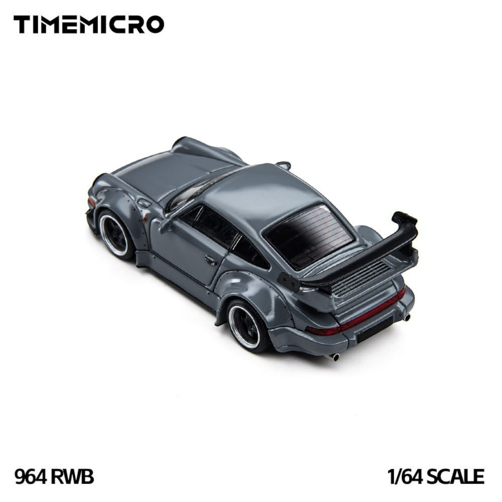 Lot57Supplies Diecast Shop TimeMicro 964 RWB diecast model car in grey, 1:64 scale with widebody kit and rear spoiler.