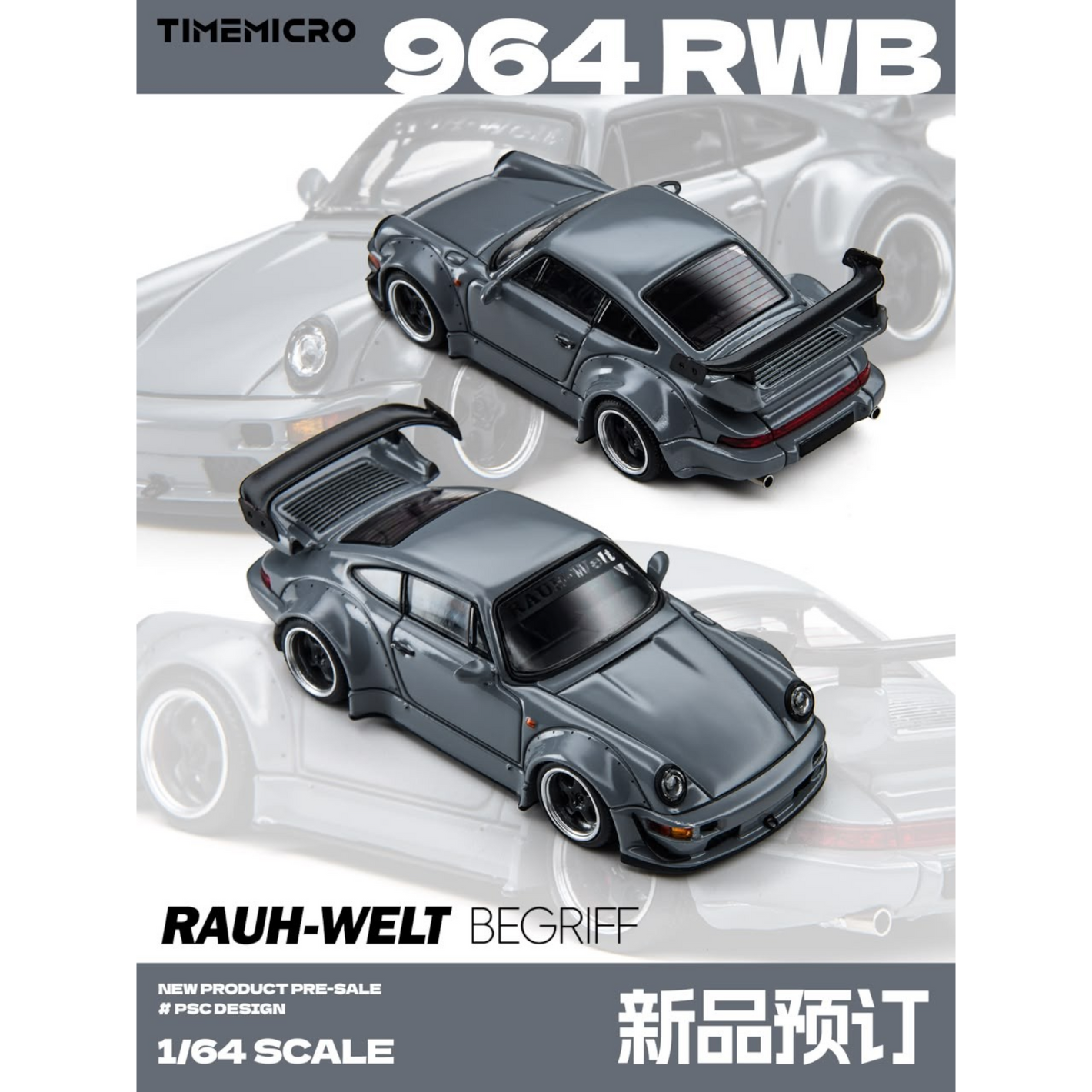 Lot57Supplies Diecast Shop TimeMicro 964 RWB diecast model car in grey, featuring wide body kit and rear spoiler.