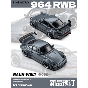 Lot57Supplies Diecast Shop TimeMicro 964 RWB diecast model car in grey, featuring wide body kit and rear spoiler.