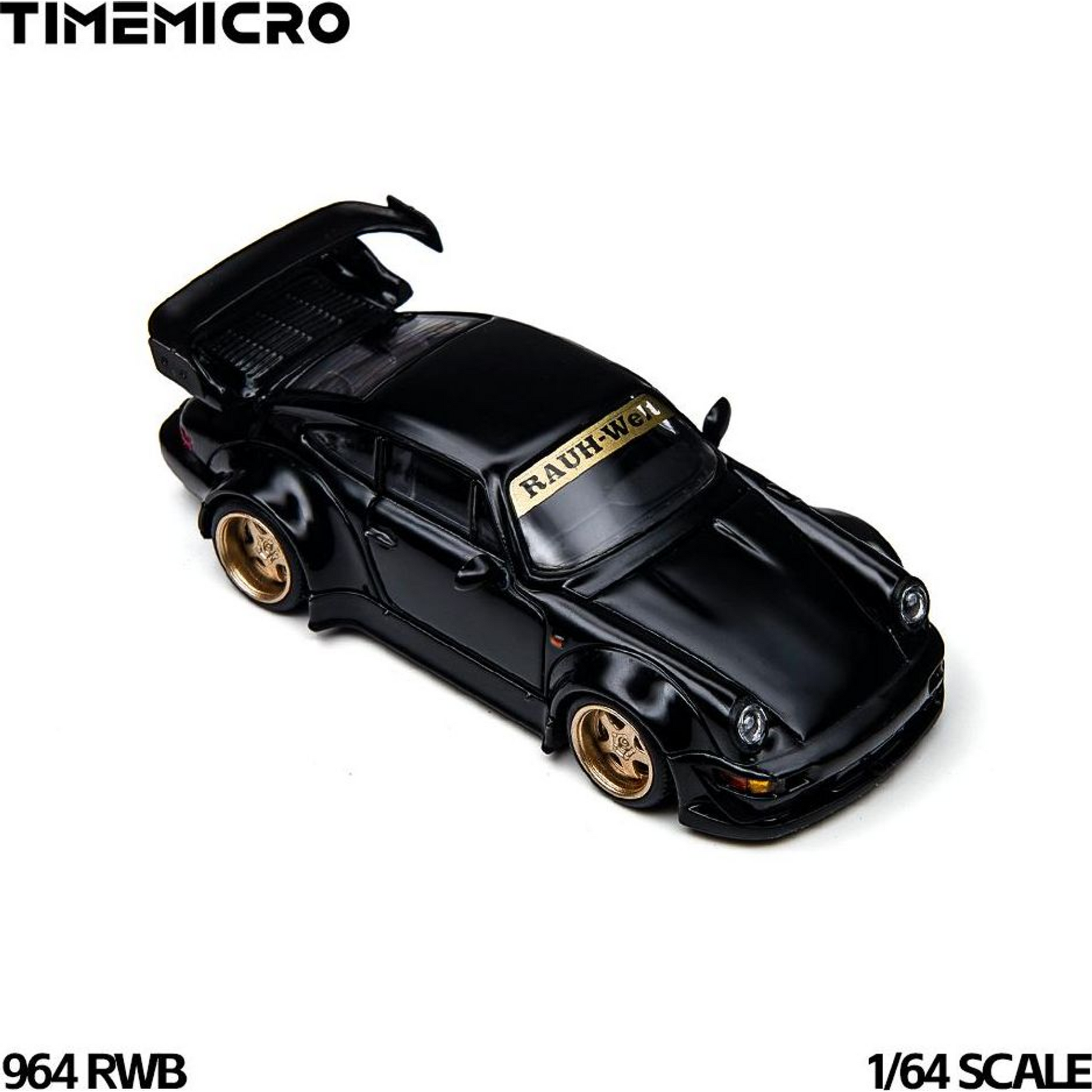 Lot57Supplies Diecast Shop TimeMicro 1:64 scale black 964 RWB diecast model car with gold wheels and windshield decal