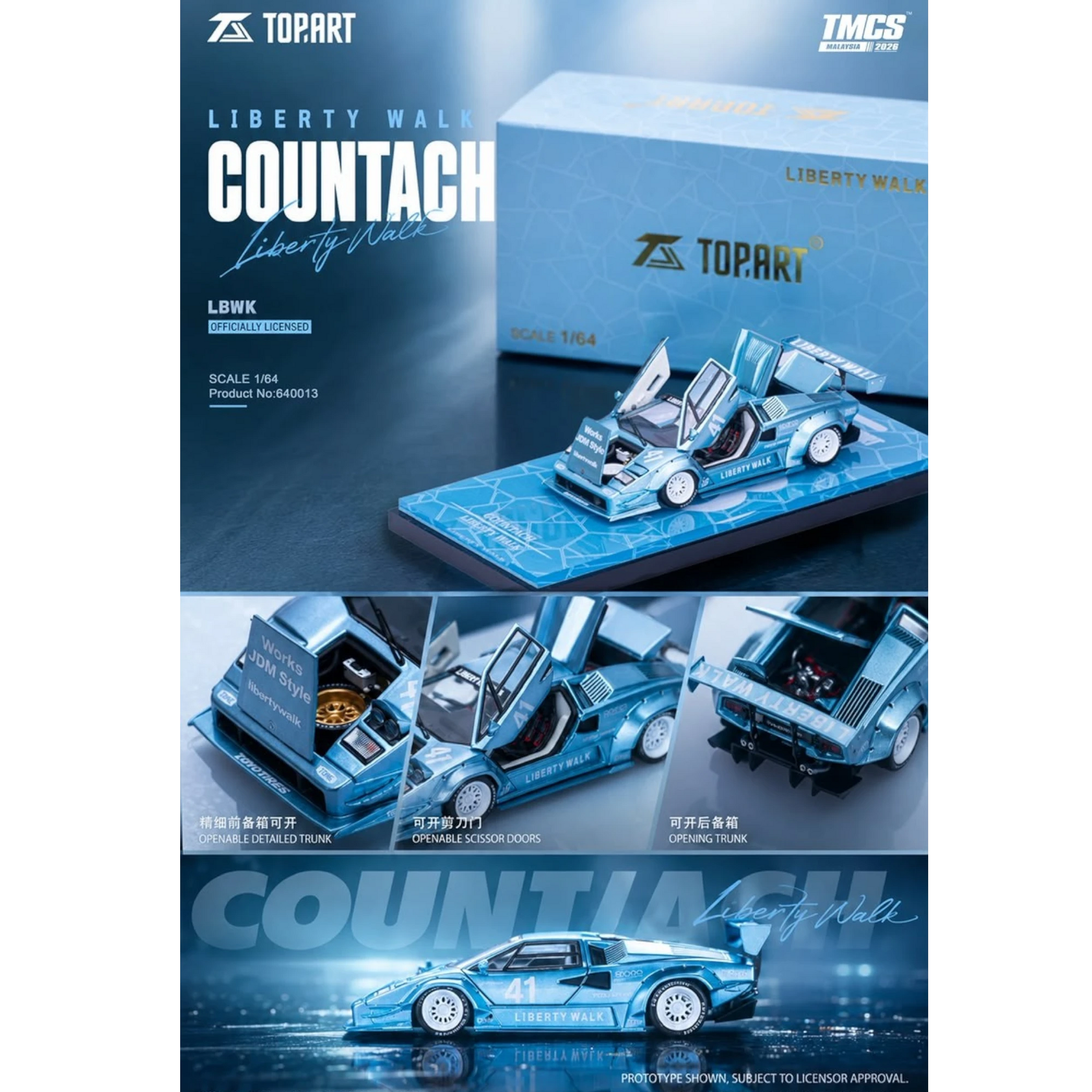 Lot57Supplies Diecast Shop TOPART LBWK Lamborghini Countach 1:64 scale diecast model in ice blue with openable doors.