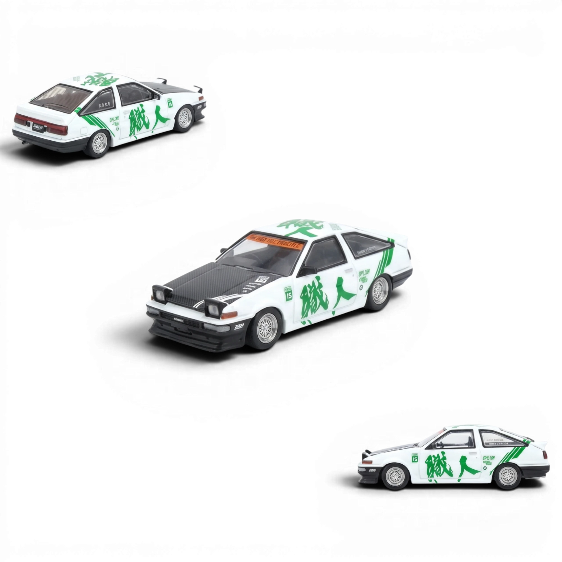 Lot57Supplies Diecast Shop white panda tribute Toyota Sprinter Trueno AE86 1:64 scale diecast alloy car with green graphics.