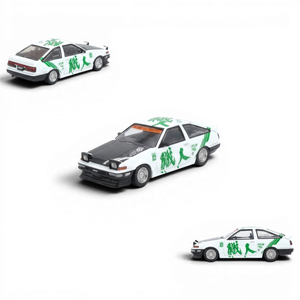 Lot57Supplies Diecast Shop white panda tribute Toyota Sprinter Trueno AE86 1:64 scale diecast alloy car with green graphics.
