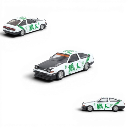 Lot57Supplies Diecast Shop white panda tribute Toyota Sprinter Trueno AE86 1:64 scale diecast alloy car with green graphics.