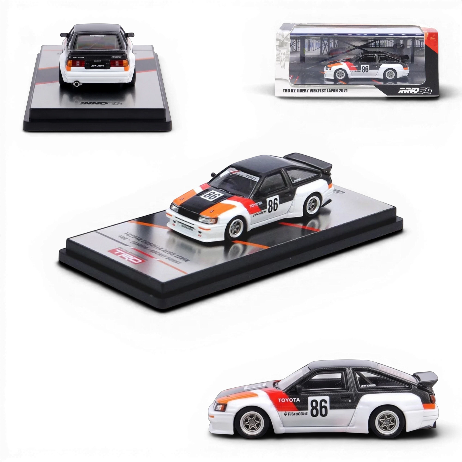 Lot57Supplies Diecast Shop Inno64 1:64 scale Toyota AE86 Levin Pandem Rocket Bunny diecast model in TRD racing livery