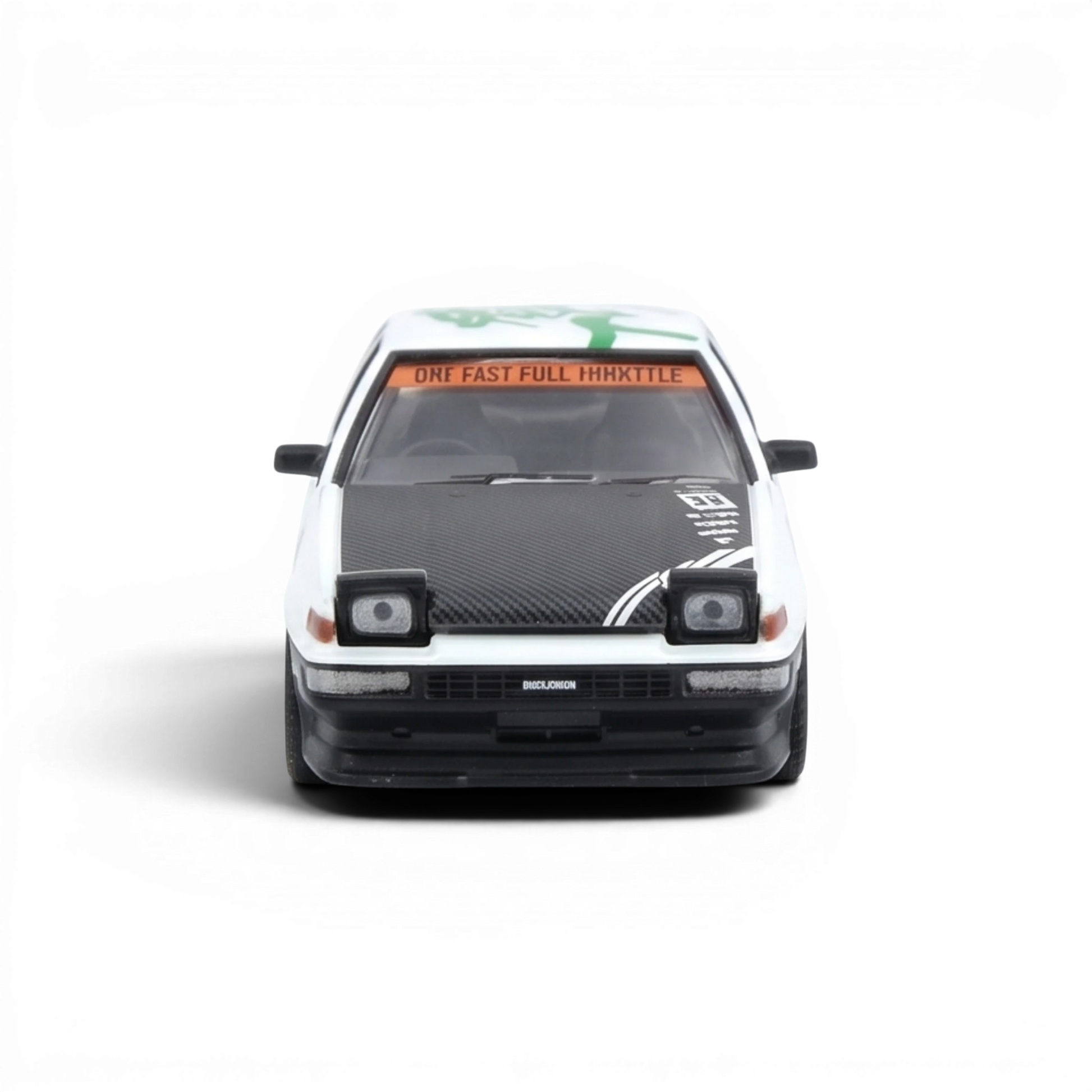 Lot57Supplies Diecast Shop white panda tribute Toyota Sprinter Trueno AE86 diecast model with carbon fiber hood and racing decals.