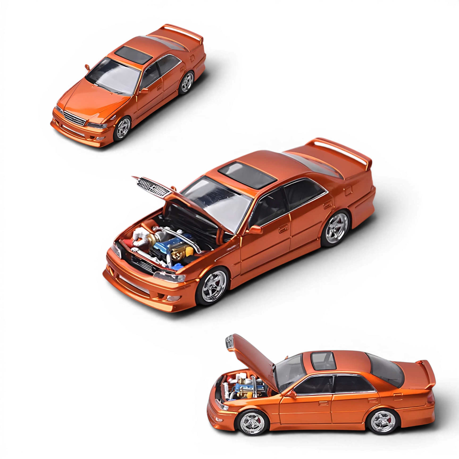 Lot57Supplies Diecast Shop 1:64 scale metallic copper orange Toyota Chaser JZX100 diecast model with open hood