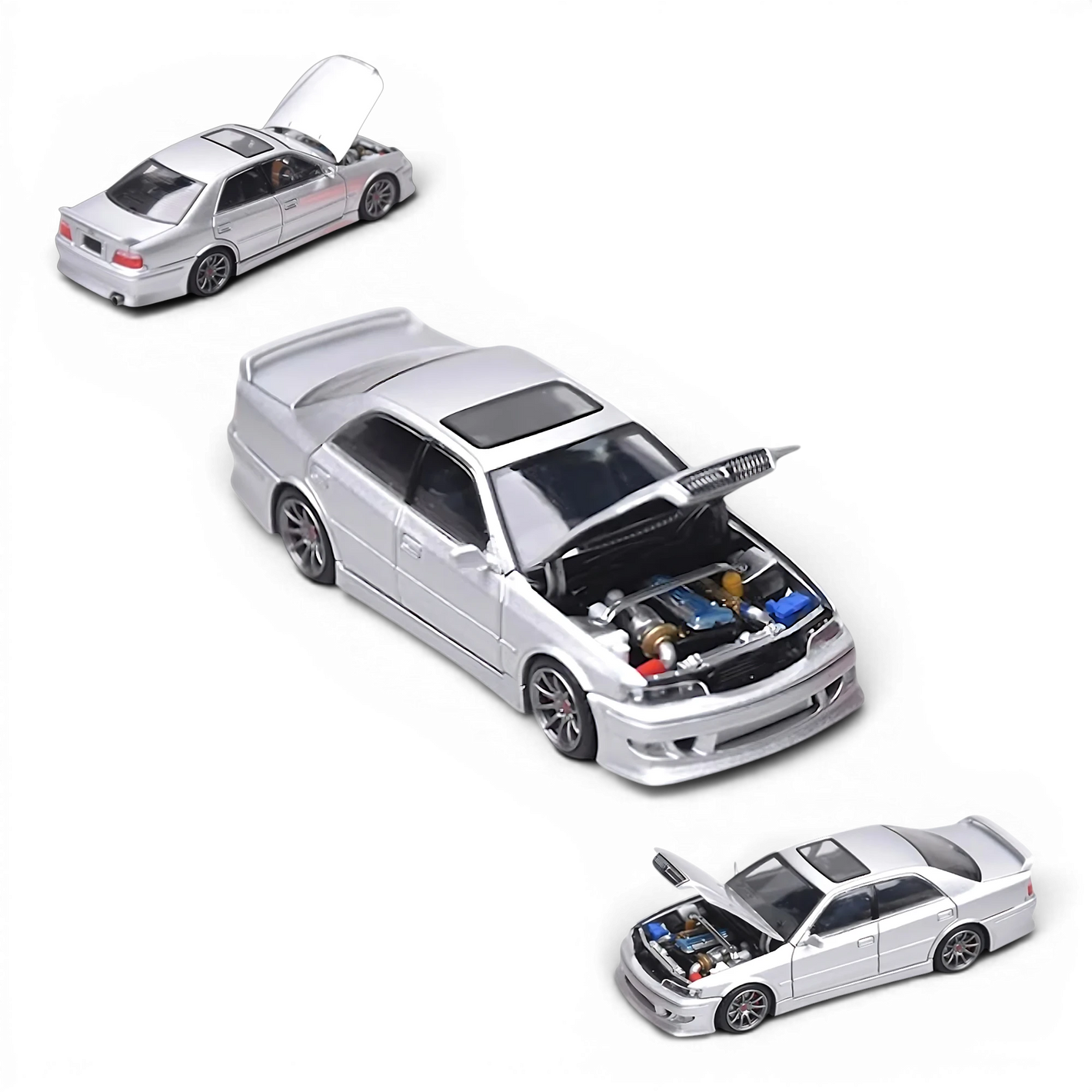 Lot57Supplies Diecast Shop 1:64 scale metallic silver Toyota Chaser JZX100 diecast model car with open hood