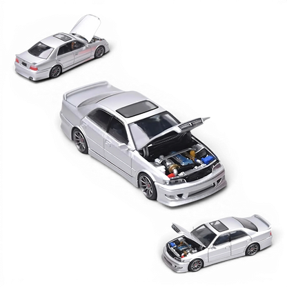 Lot57Supplies Diecast Shop 1:64 scale metallic silver Toyota Chaser JZX100 diecast model car with open hood