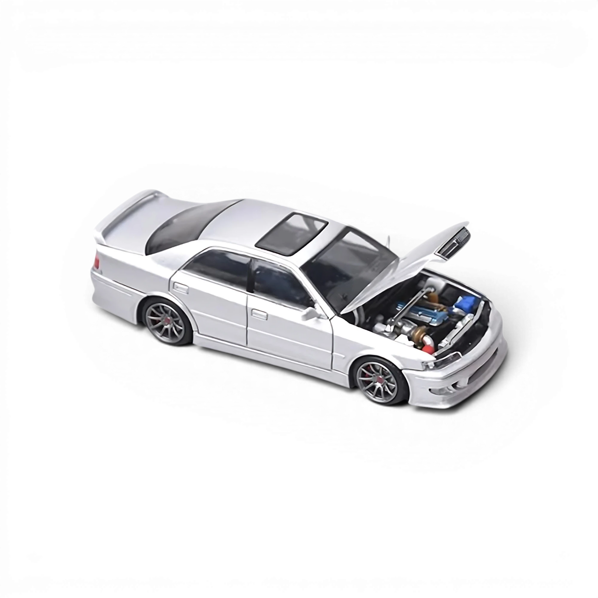 Lot57Supplies Diecast Shop Model One 1:64 scale metallic silver Toyota Chaser JZX100 diecast car with open hood