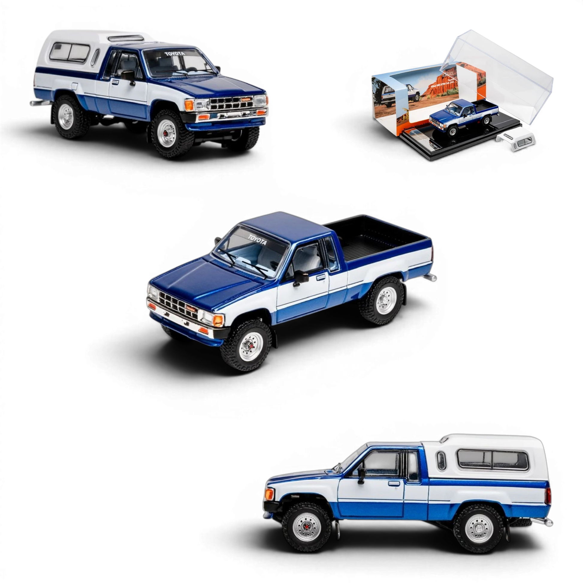 Lot57Supplies Diecast Shop 1:64 scale GCD Toyota Hilux Xtra Cab diecast model in blue and white with camper shell.