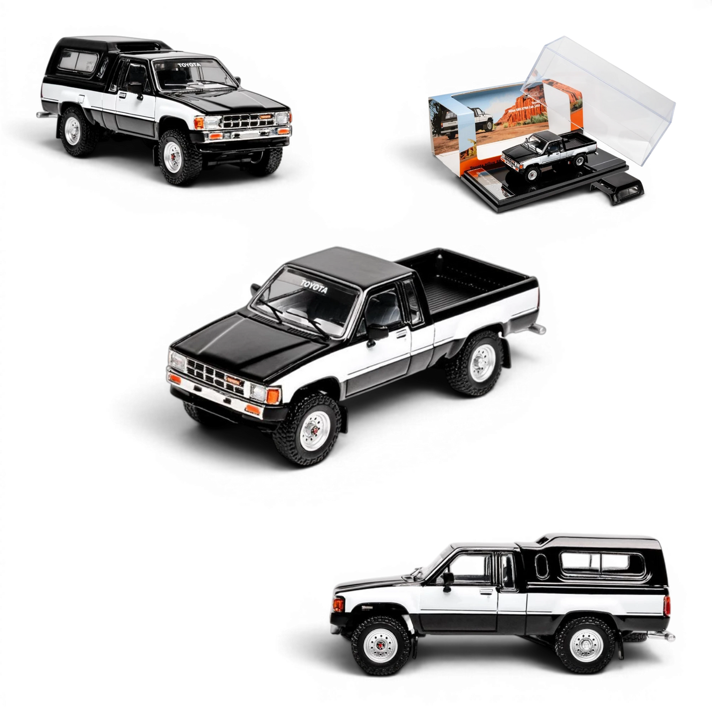 Lot57Supplies Diecast Shop 1:64 scale GCD Toyota Hilux Xtra Cab diecast model truck in black and white with camper shell.