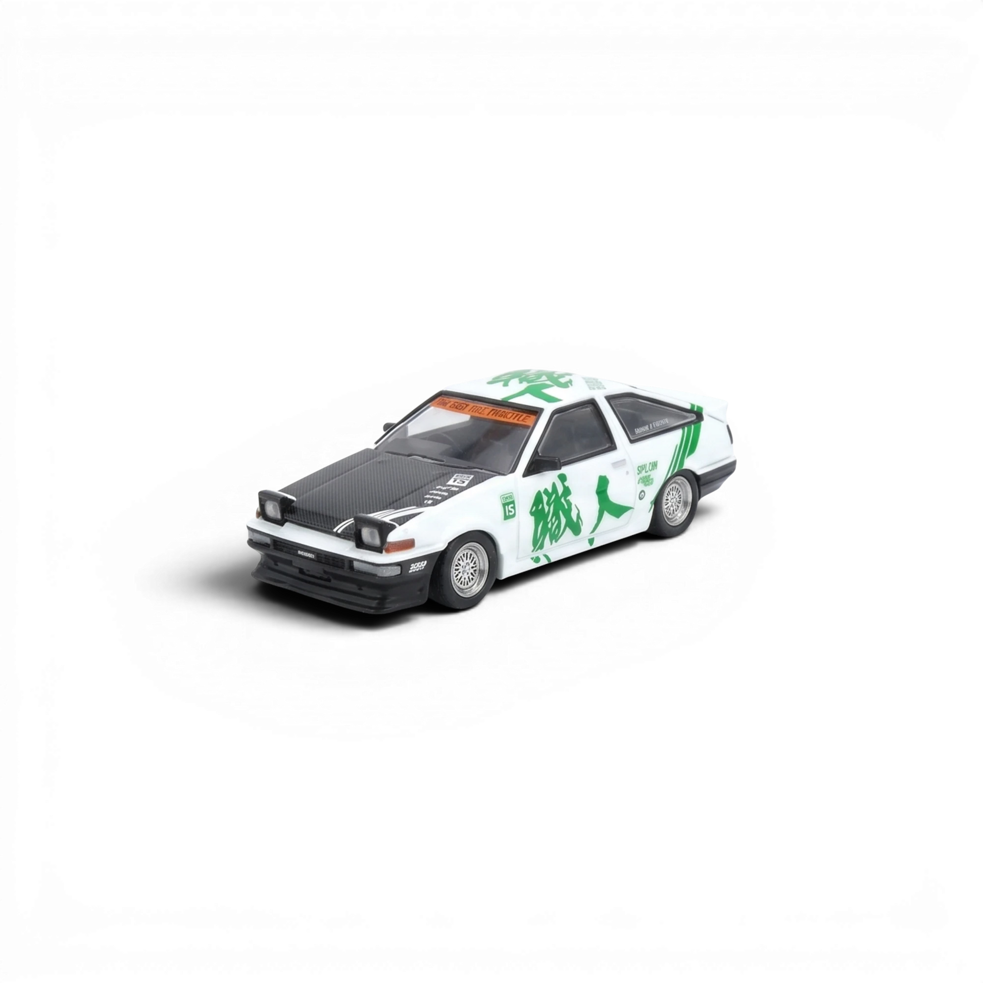 Lot57Supplies Diecast Shop: 1:64 scale white diecast alloy Toyota Sprinter Trueno AE86 Keiichi Tsuchiya tribute car with green graphics.