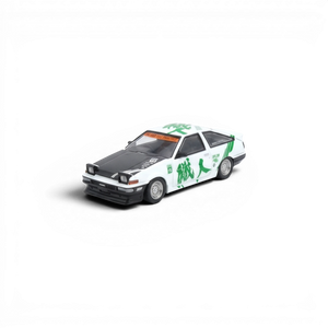 Lot57Supplies Diecast Shop: 1:64 scale white diecast alloy Toyota Sprinter Trueno AE86 Keiichi Tsuchiya tribute car with green graphics.