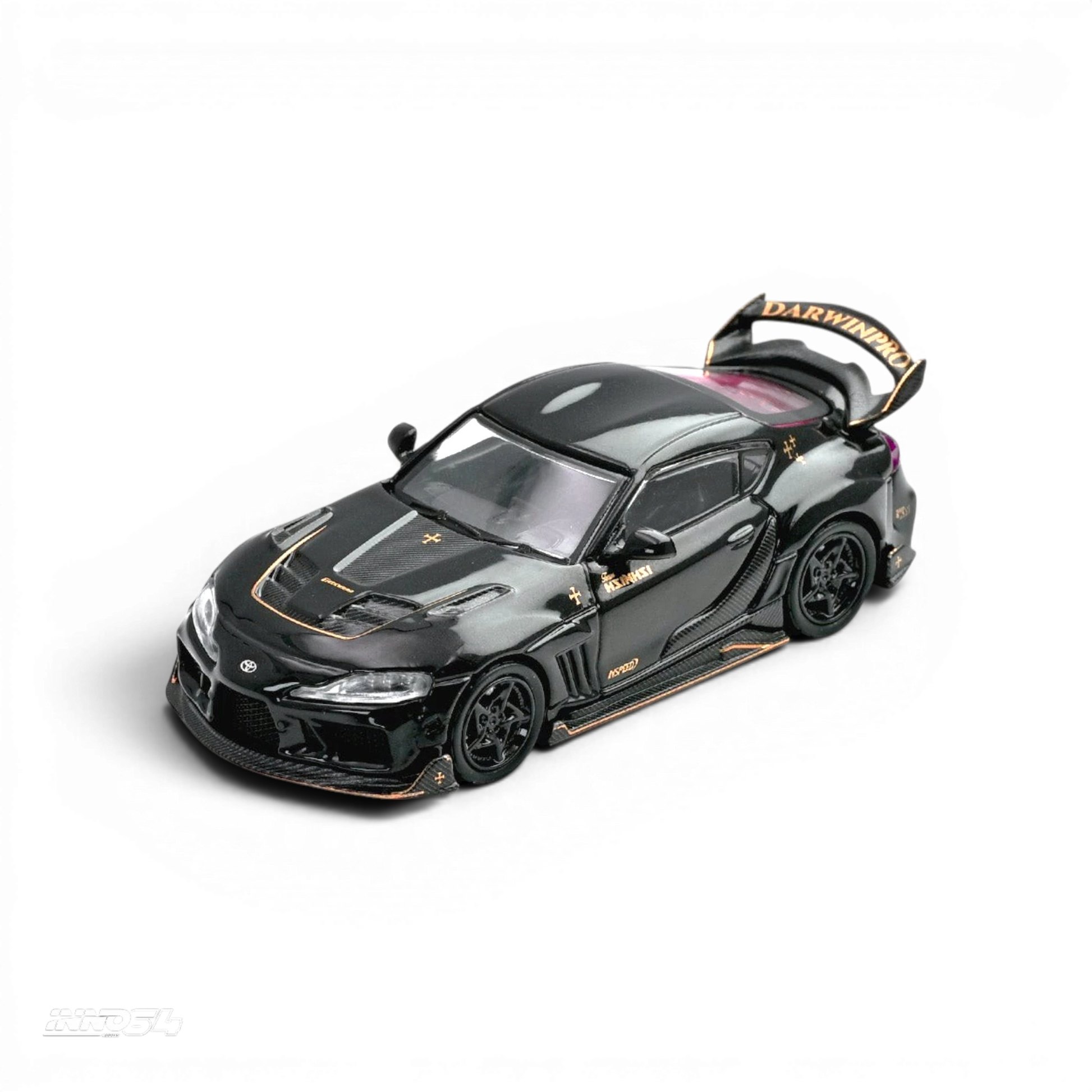 Lot57Supplies Diecast Shop Inno64 Darwin Pro Toyota Supra A90 diecast model car in gloss black with gold accents