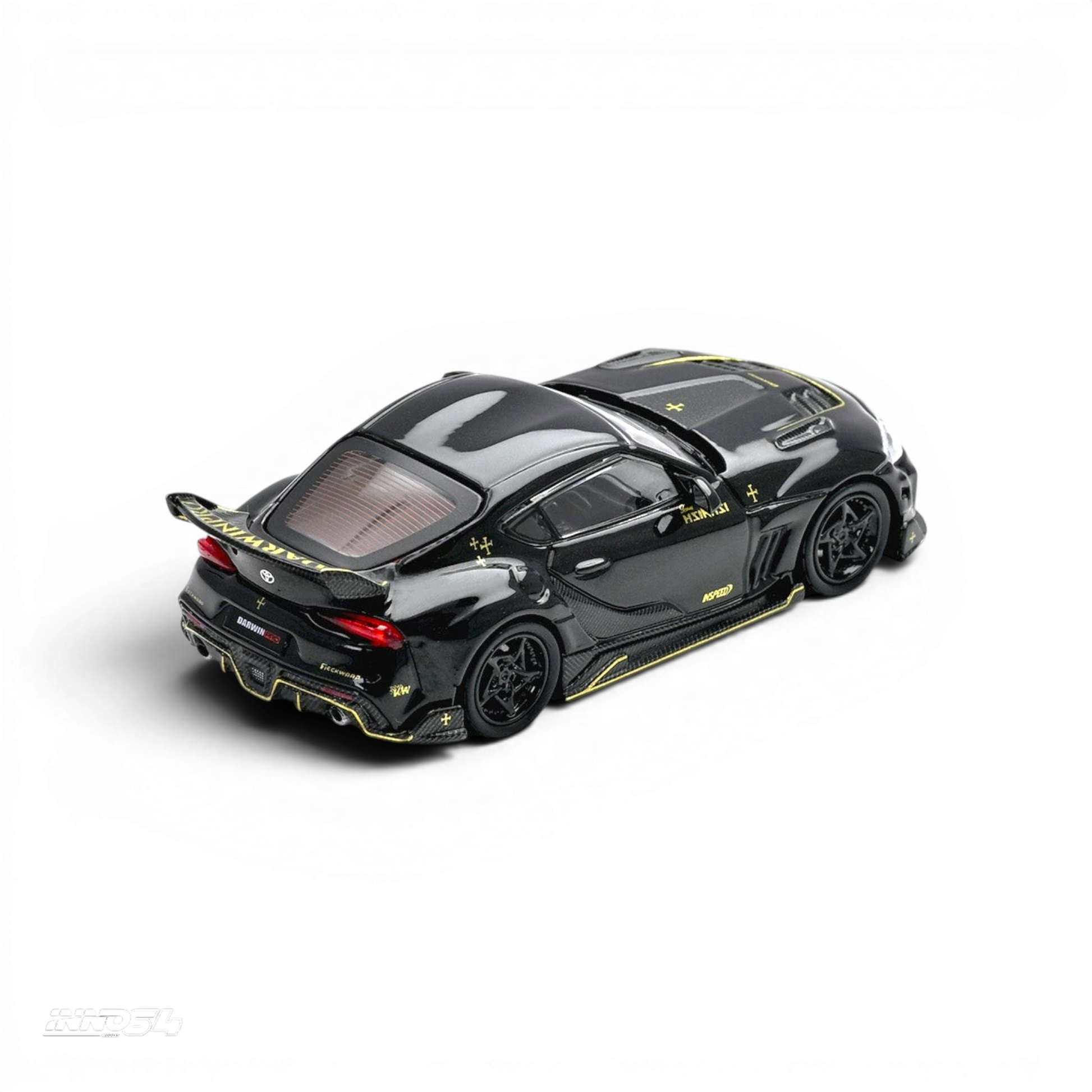 Lot57Supplies Diecast Shop Inno64 Darwin Pro Toyota Supra A90 diecast model car in gloss black with gold accents