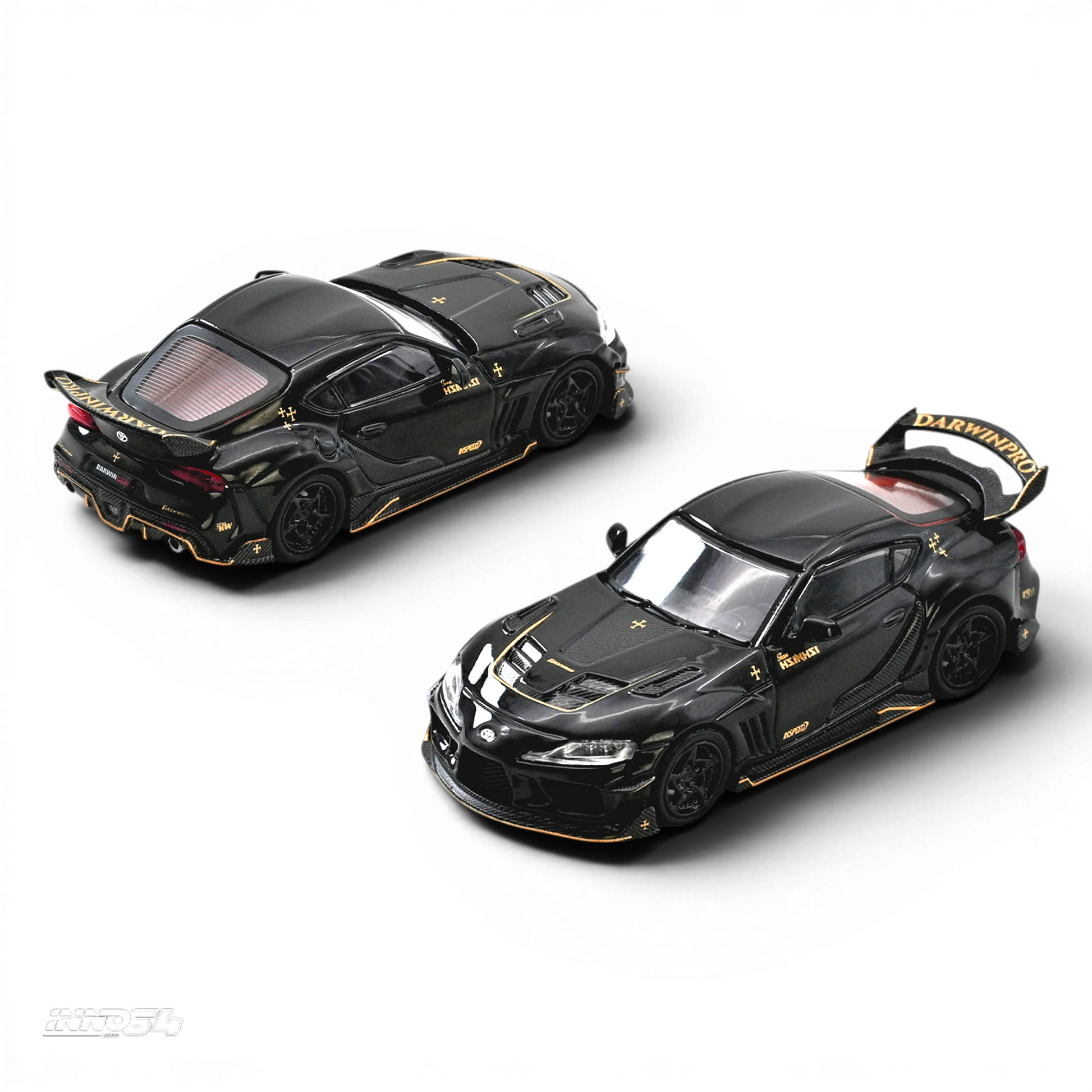 Lot57Supplies Diecast Shop 1:64 scale Inno64 Darwin Pro Toyota Supra A90 diecast model in gloss black with gold accents